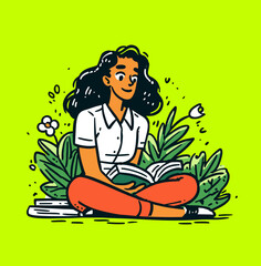 Woman Reading in Nature: An illustration of a young woman engrossed in a book surrounded by lush green foliage, radiating tranquility and peace.