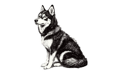 Vintage husky dog sketch in alert stance, monochrome engraving, retro animal art, trendy pet illustration, black and white etching, rustic winter home decor, classic dog print © Vintage studio