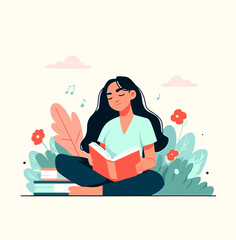 Lost in Literature: A serene woman finds solace in a captivating book, surrounded by blooming flowers and melodic notes, creating an ambiance of peaceful tranquility. 