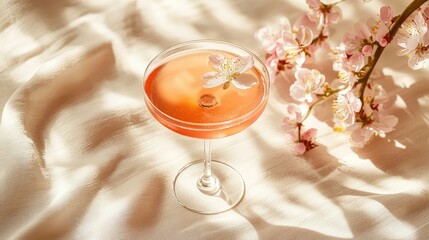 Styled cocktail flat lay with blossoms and sun rays from window