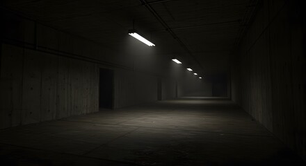 Dimly Lit Underground Tunnel with Doors and Concrete Walls