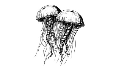 Vintage marine creature engraving, hand-drawn jellyfish floating, monochrome ocean life etching, retro sea wildlife sketch, nautical decor design, black sketch, trendy art