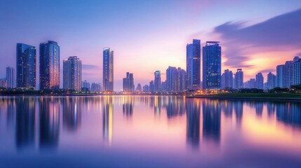 Fototapeta premium Futuristic urban skyline reflecting on tranquil water at dusk