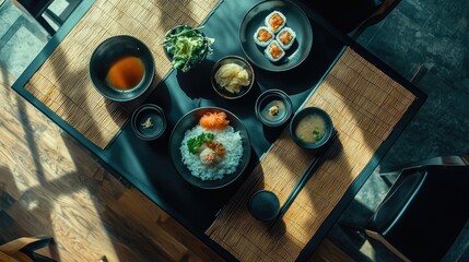 stylish aerial shot of a Japanese meal with sushi rolls, rice, miso soup, and a side of tempura, placed on a sleek, modern restaurant table.