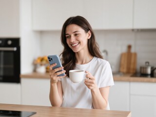 Smiling Woman Holding Coffee Cup and Using Smartphone in Modern Kitchen