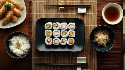 stylish aerial shot of a Japanese meal with sushi rolls, rice, miso soup, and a side of tempura, placed on a sleek, modern restaurant table.