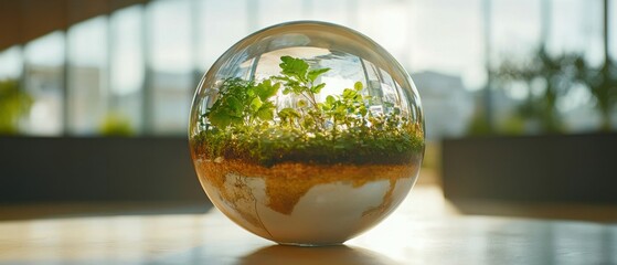 Glass Globe with Growing Plants Reflecting Earth’s Fragile Ecosystem