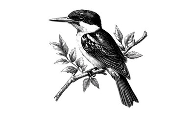 Vintage Kingfisher on Branch, Hand-Drawn Bird Illustration, Old Engraving Style, Monochrome Wildlife Etching, Nature Wall Art, Black Sketch Print, rustic bird artwork