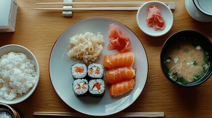 stylish aerial shot of a Japanese meal with sushi rolls, rice, miso soup, and a side of tempura, placed on a sleek, modern restaurant table.