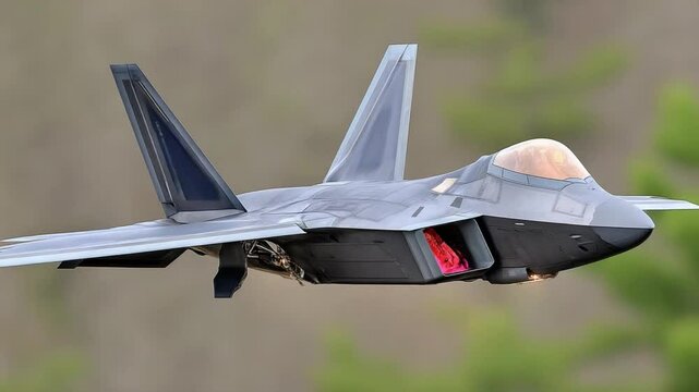 Impressive F-22 Raptor Fighter Jet in Flight with Dynamic Background and Streamlined Design Features