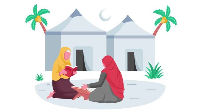 female pilgrimage reciting Quran at Mina animation Women doing Study at Desert Oasis Ambience animated video, Eid al-Adha Clip Eid-al-Kabir Hajj footage Traditional Arab Muslim Festival motion graphic