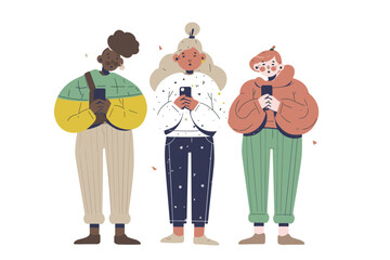 Connected by Technology: A diverse group of people engrossed in their phones, reflecting the pervasive influence of digital connectivity in modern life.