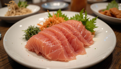 A plate of fresh tuna sashimi in japanese reataurant.
