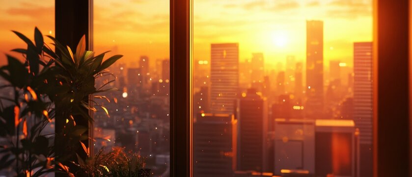 Fototapeta Golden Hour Cityscape: A warm autumn sunset casts a golden glow over a modern cityscape, seen through a window. The image evokes a sense of tranquility and peace