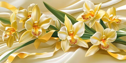 Elegant Yellow Orchids Silk Fabric Floral Design Botanical Art gold pale soft plant bloom image