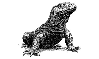 Monochrome hand-drawn Komodo Dragon engraving, vintage reptile sketch, black and white etching style, trendy wildlife illustration, nature art print, exotic fauna decor, intricate line drawing