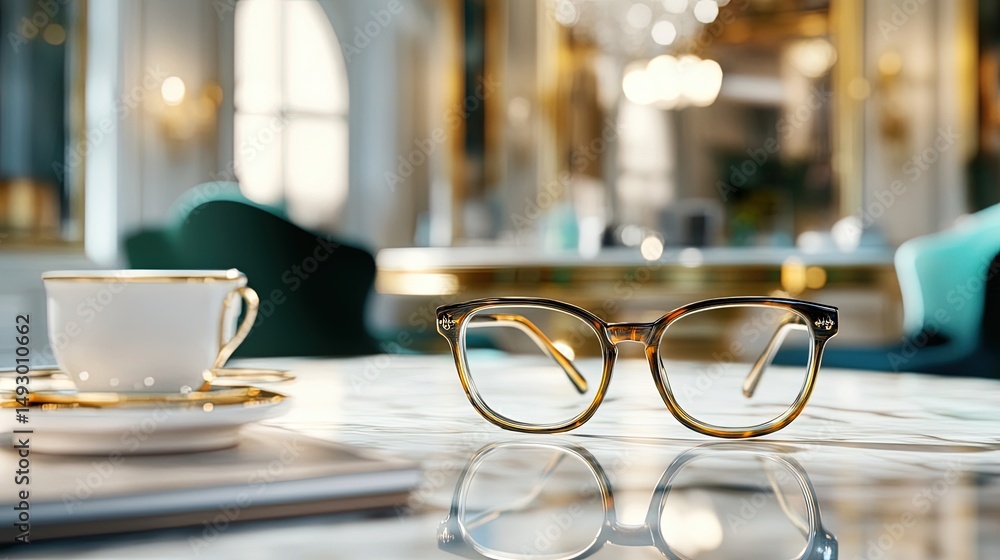 Poster a selection of glasses with different frames against the backdrop of a sophisticated interior.