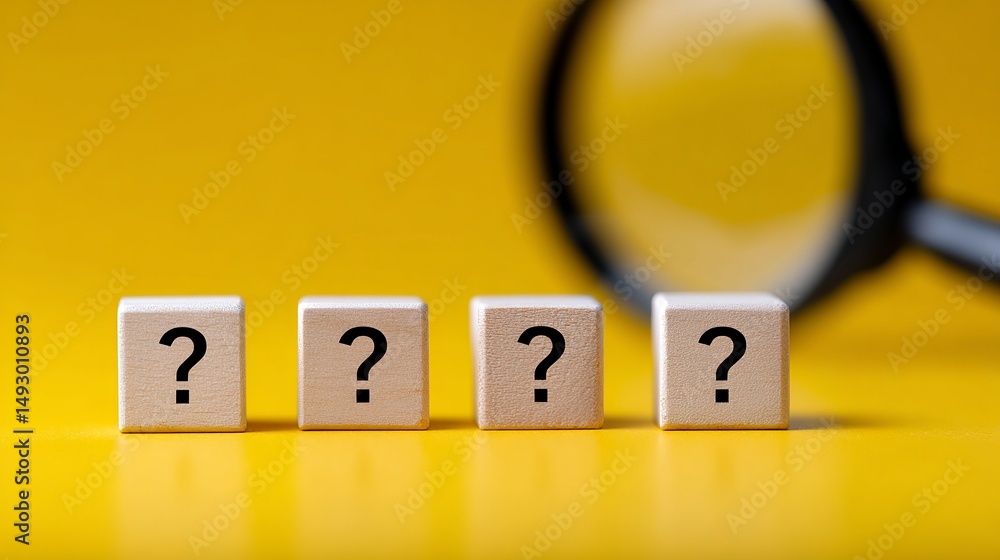 Poster four blocks with question marks are positioned on a bright yellow background. a magnifying glass is 