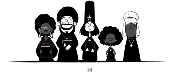 Diverse Religious Figures: A stylized illustration of five diverse religious figures, each representing a different faith and tradition, standing together in unity. 