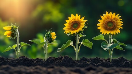 Stages of sunflower growth from seedling to full bloom, educational illustration