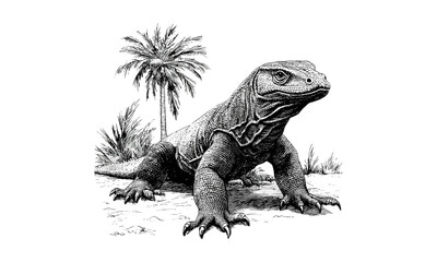 Vintage Komodo Dragon black sketch, hand-drawn reptile engraving, monochrome etching style, trendy wildlife illustration, nature wall art, exotic animal decor, detailed ink drawing