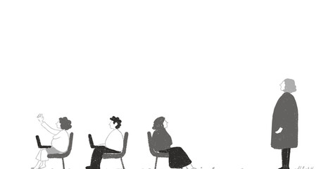 Classroom Scene: A grayscale illustration depicting a teacher and students in a classroom setting. The teacher stands apart from the seated students.