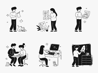 Line Art Illustration of Startup Culture:  An illustration set featuring various black and white line art characters representing entrepreneurs, designers.