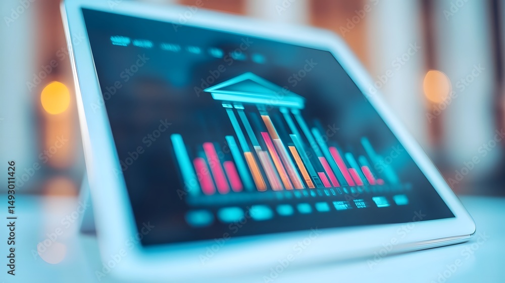 Poster digital tablet displaying banking and financial data analytics