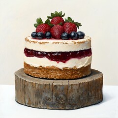 Rustic Layered Berry Cake with Vanilla Frosting on Wooden Stand