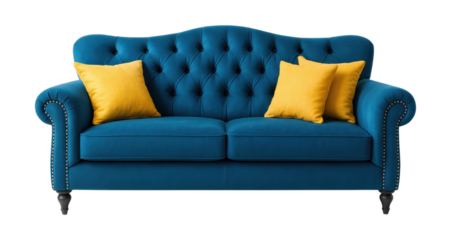 Elegant Blue Velvet Sofa with Button Tufting, Nailhead Trim, and Yellow Accent Pillows, Perfect for Stylish Home Décor, Isolated on Transparent and White Background