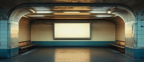 Obraz premium Empty billboard inside Paris subway station, modern underground setting, blank advertising display on tiled wall