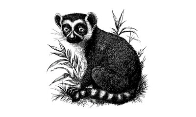 Hand-drawn Lemur in Forest, Vintage Animal Print, Old Engraving Style, Monochrome Wildlife Etching, Rustic Mammal Line Art, Retro Nature Sketch, forest animal art, © Vintage Studio
