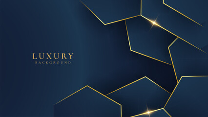 Abstract hexagonal dark blue luxury background with shining golden lines. Modern futuristic background