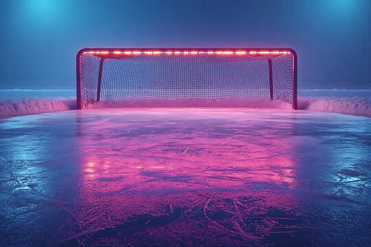 Neon hockey goal night game empty rink - Powered by Adobe