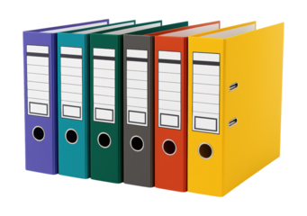 A Collection of Colorful Office Binders in Various Colors Arranged in a Row, Isolated on Transparent and White Background