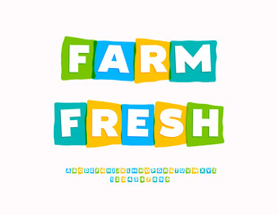 Vector Creative badge Farm Fresh. Flat modern Font. Bright Alphabet Letters and Numbers set.