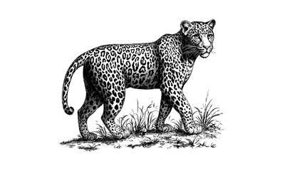 Hand-drawn vintage engraving of leopard in savannah, monochrome big cat art, retro wildlife illustration, trendy safari decor, black sketch, old style animal print, nature drawing