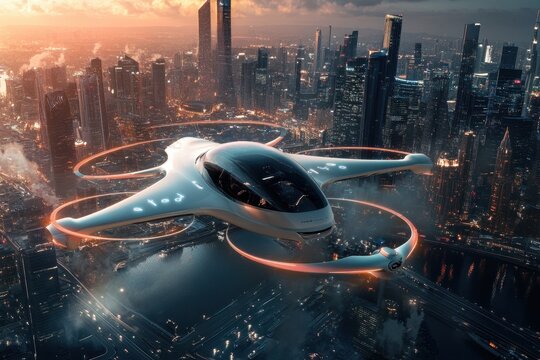 Urban air mobility revolutionizes city transportation in futuristic skyline, A new era of urban mobility is on the horizon with flying cars and drones