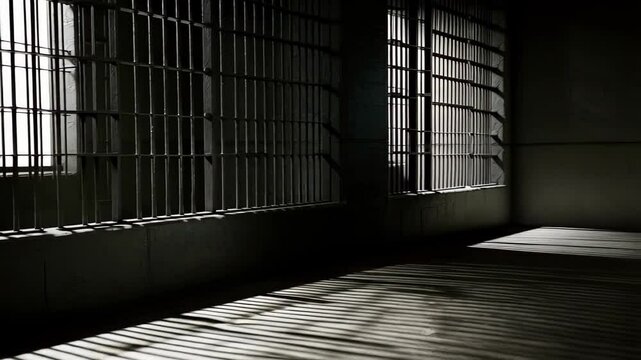 Metal bars casting long shadows in abandoned prison cell, sunlight revealing stark isolation and institutional emptiness