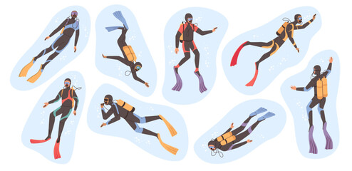 Divers wearing flippers and goggles, oxygen masks. Vector isolated scuba diving activity, sports and summer recreations and leisure time. Cartoon personages exploring underwater world