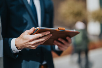 Elegant businessperson closely reviewing notes on a digital tablet outdoors during daylight hours, depicting professionalism and focus in a modern business setting.