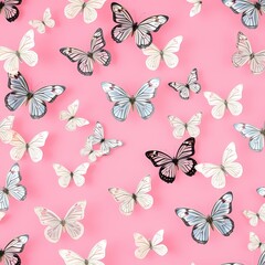 Delicate pink background features a subtle, repeating butterfly pattern with soft, dreamy lighting, creating a whimsical and cheerful atmosphere.