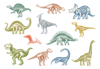 Skeletons of dinosaur from early Jurassic period. Vector isolated fauna and biodiversity of ancient prehistoric times. Extinct dino bones with jaws, claws and long tails. Diversity of prehuman life © Sensvector