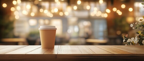 Disposable Coffee Cup on Wooden Table with Blurry Cafe Interior Background, Coffee Break