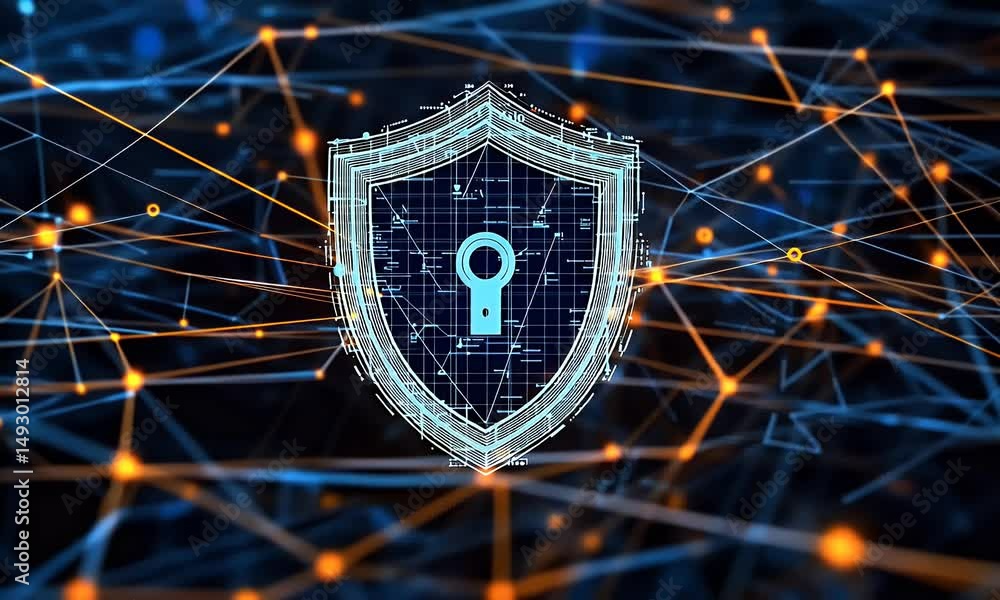 Poster a shield with an icon of digital security and network connections, representing data protection in t