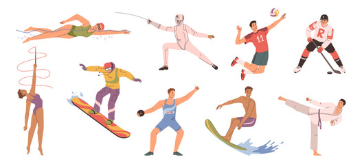 Sports and hobbies, isolated set of people with active lifestyle. Vector in flat style, fencing and football, rhythmic gymnastics and surfing, snowboarding and karate, swimming and hockey
