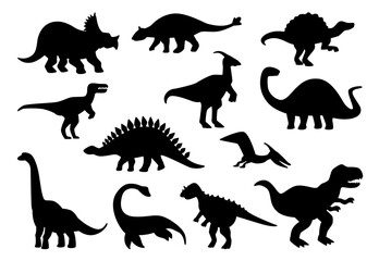 Dinosaurs silhouettes, extinct animals from prehistoric period. Vector dino triceratops and stegosaurus, Jurassic creatures and species with wings, fins and claws. Marine and land wild reptile