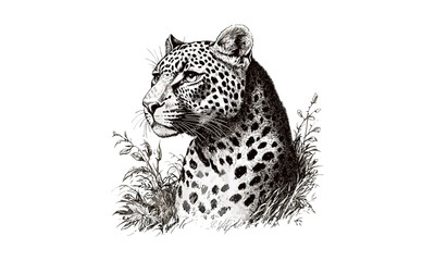 Leopard vintage engraving, monochrome wildlife illustration, retro hand-drawn big cat art, safari decor trend, old engraving technique, wild animal drawing, nature art