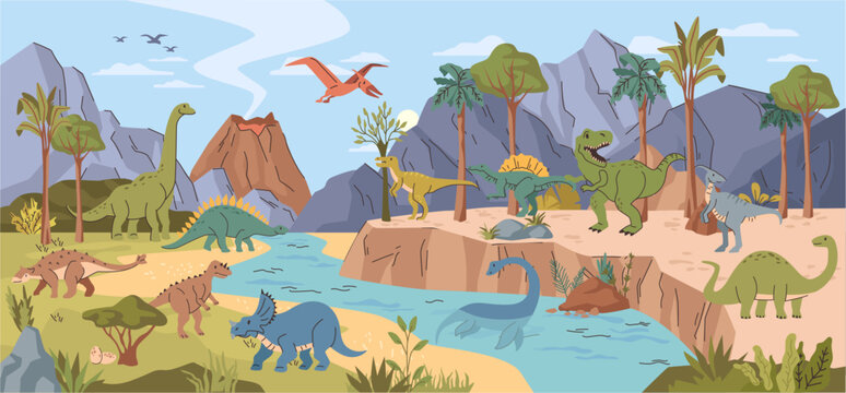 Nature landscape of grassland with rocky mountains and active volcano, river and cliffs. Vector scenery of prehistoric Jurassic period with different types of dinosaurs, rocks and meadow grasses