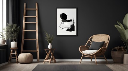 Abstract gold circle art print in a bright living room with yellow velvet armchair, wooden ladder and plants